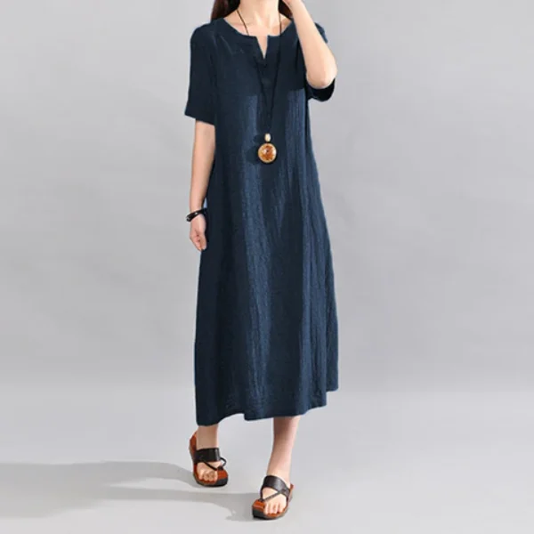 Dress Vintage Linen Vestido Casual V Neck Loose Midi