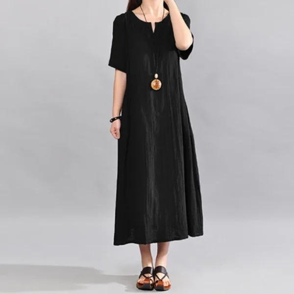 Dress Vintage Linen Vestido Casual V Neck Loose Midi